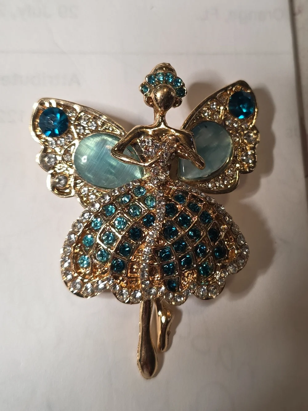 Gold-Tone Teal Crystal Ballerina Brooch - Unbranded